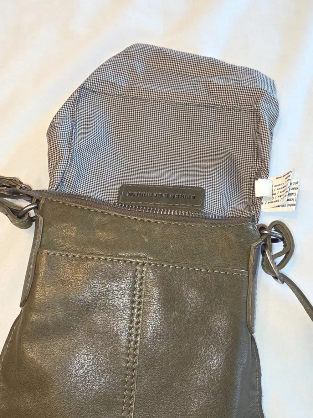 Spikes and Sparrow Crossbody Bag Olive Green Leather Houndstooth Lining Festival